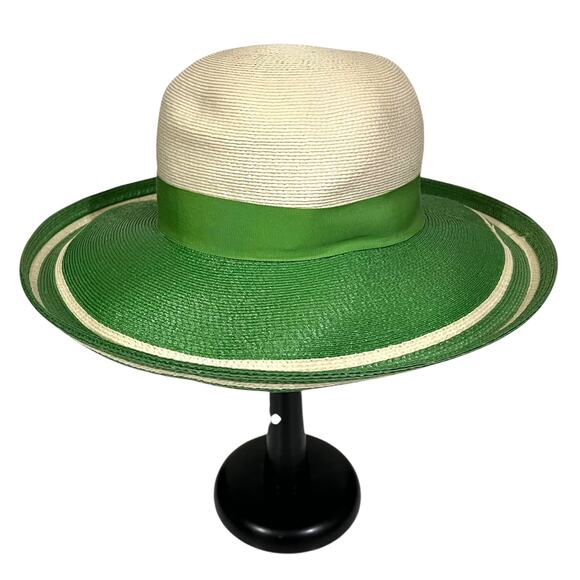 Adele Claire Vintage Hat Women’s Wide Brim Woven Derby Green Ivory Bow Fancy - Picture 4 of 8